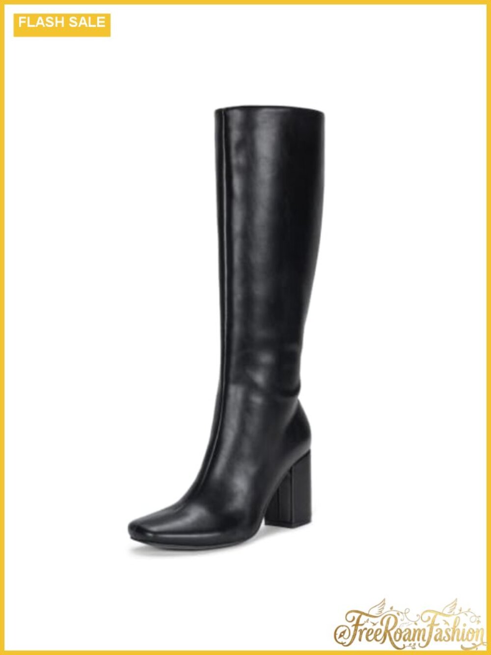 Faux Leather Square Toe Knee High Riding Boots Block Heel